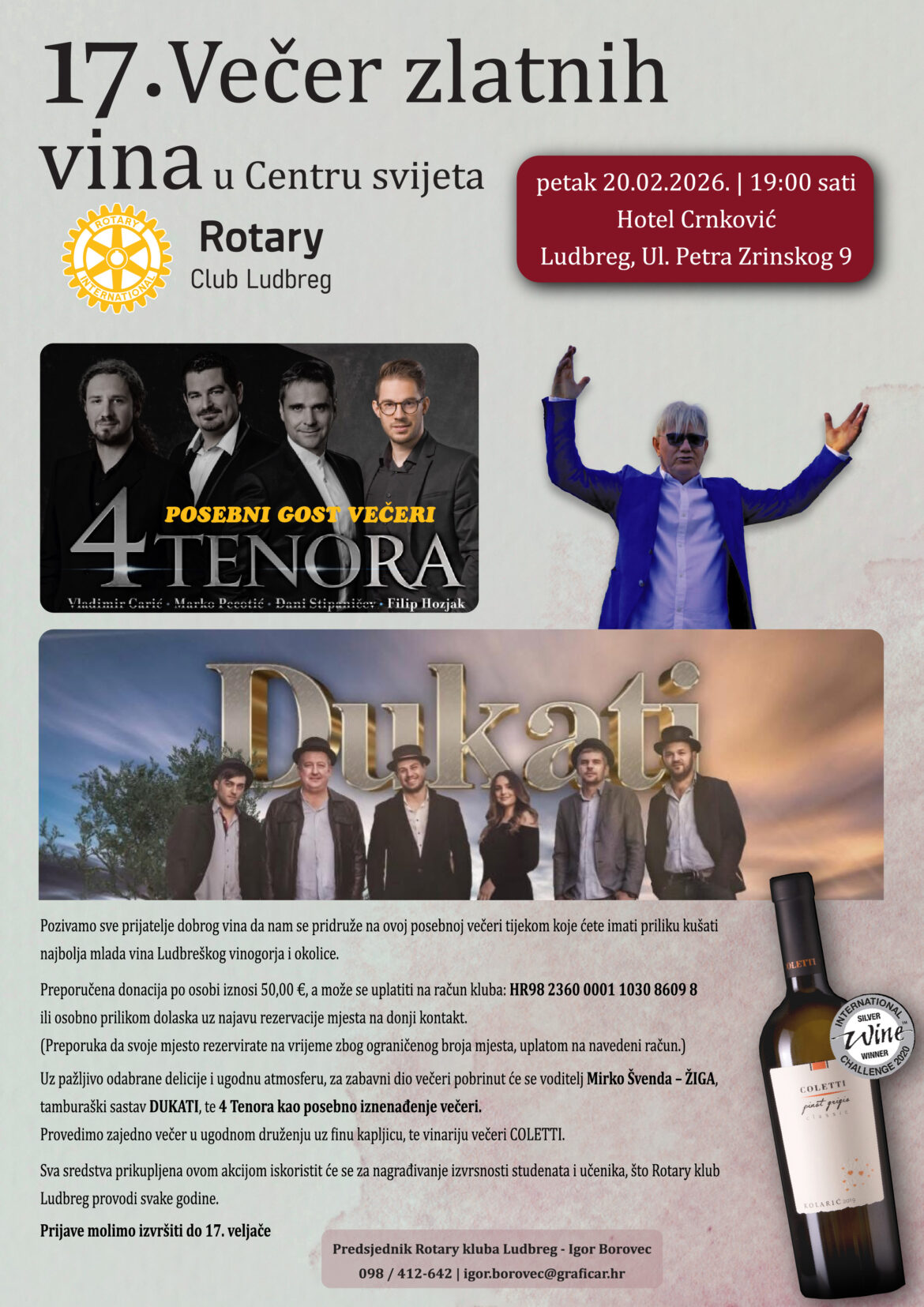 Rotary klub Ludbreg organizira “Večer zlatnih vina u Centru svijeta”