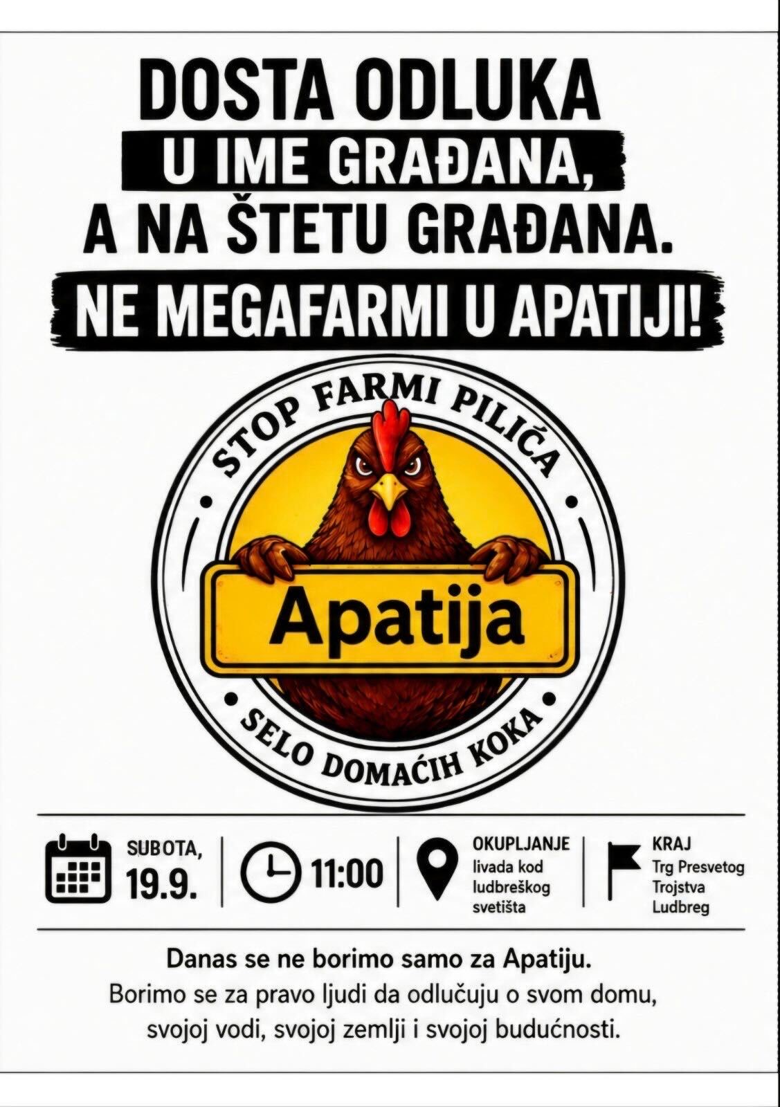 Prosvjed protiv planirane farme pilića u Apatiji bit će u Ludbregu 19. rujna